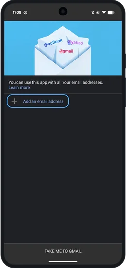 Het beginscherm van de Gmail-app met de knop Add an email address