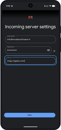 Het scherm Incoming server settings met gebruikersnaam, wachtwoord en server imap.migadu.com