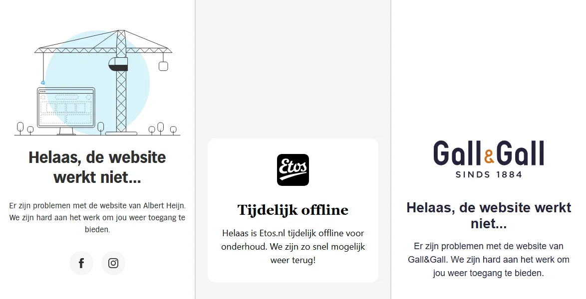 Drie telefoonschermen naast elkaar. ah.nl: Helaas, de website werkt niet. etos.nl: Tijdelijk offline voor onderhoud. gall.nl: Helaas, de website werkt niet.